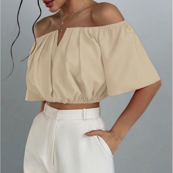 Womens Guess pearl oyster V Cut Crop Top NWT Sz M Bat Wing Sleeve Neutral Color - Picture 1 of 9